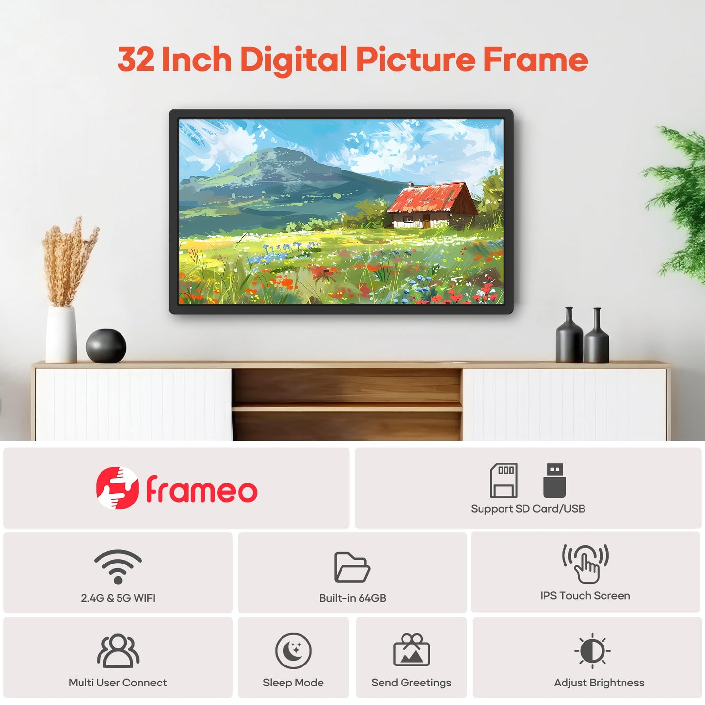 Frameo 32-Inch Smart WiFi Digital Picture Frame with 64GB Memory
