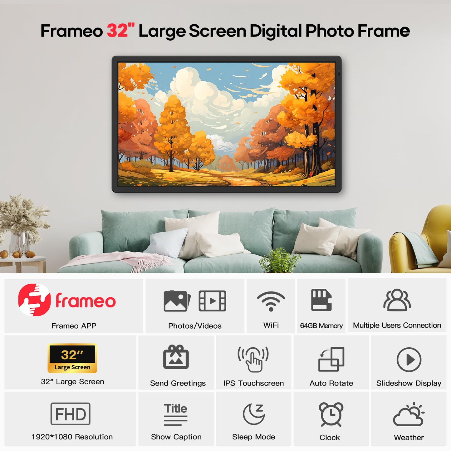 Frameo 32-Inch Extra Large WiFi Digital Photo Frame with FHD Touch Screen